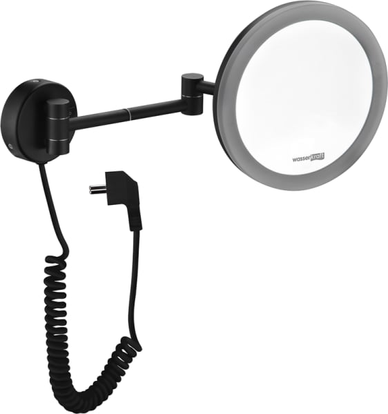 Косметическое зеркало Wasserkraft K-1004Black с подсветкой, двухстороннее, телескопическое, поворотн