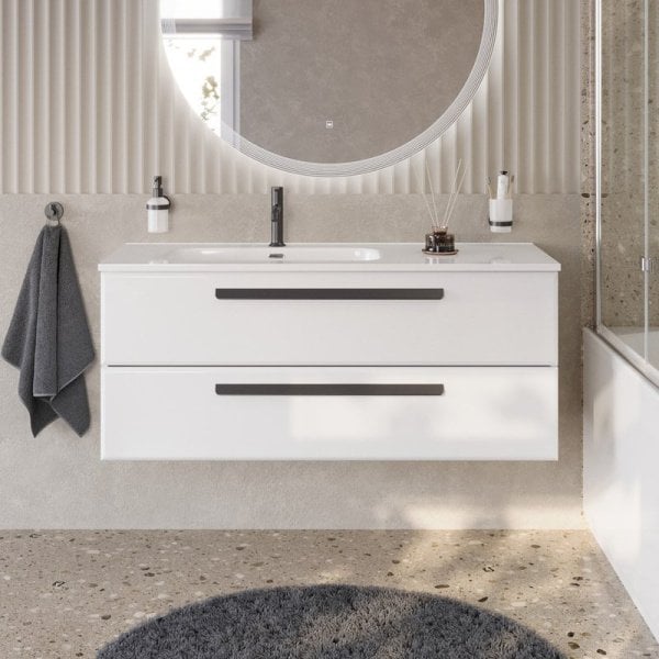 Тумба под раковину без столешницы Cezares Eco Cer-N 120 L bianco lucido, ручки матовые черные