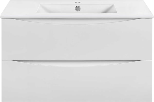 Тумба под раковину без столешницы Vincea Mia Slim 90, подвесная, 2 ящика, белая глянцевая