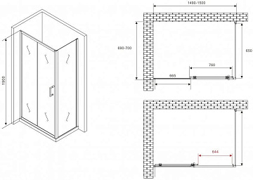 Душевой уголок Abber Schwarzer Diamant AG301505-S705 150x70, профиль хром, стекло прозрачное