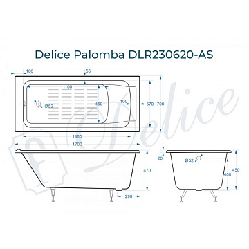 Чугунная ванна Delice Palomba 170х80 см, с антискользящим покрытием