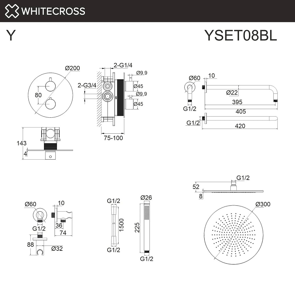 Душевой комплект WHITECROSS Y YSET08BL, С ВНУТРЕННЕЙ ЧАСТЬЮ, черный матовый