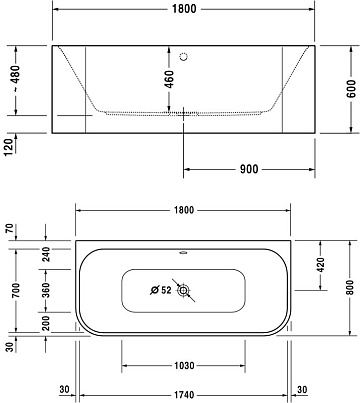 Акриловая ванна Duravit Happy D.2 700318 180x80 см, пристенная, белая, на ножках