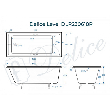 Чугунная ванна Delice Level 140х70 см, с отверстиями для ручек