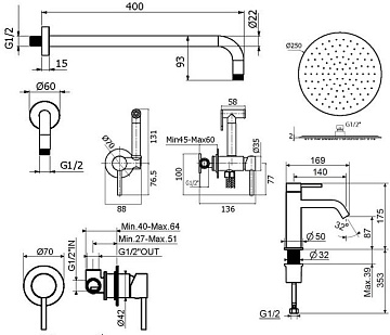 Комплект для ванной Plumberia Selection Ixo KITZXO01GR53 С ВНУТРЕННЕЙ ЧАСТЬЮ, графит матовый