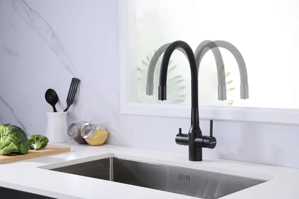 Смеситель для кухни Paulmark Salix Salix Sa213419-BLM матовый черный, с гибким изливом Sancos — официальный сайт