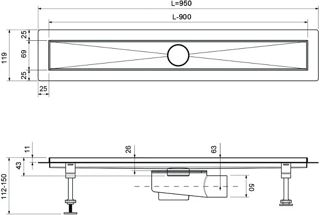 Душевой трап (лоток) Timo Drain Systems DS230209/03 900 двусторонняя панель plate под плитку, черный Sancos — Оригинал