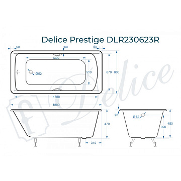 Чугунная ванна Delice Prestige 180х80 см, с отверстиями для ручек