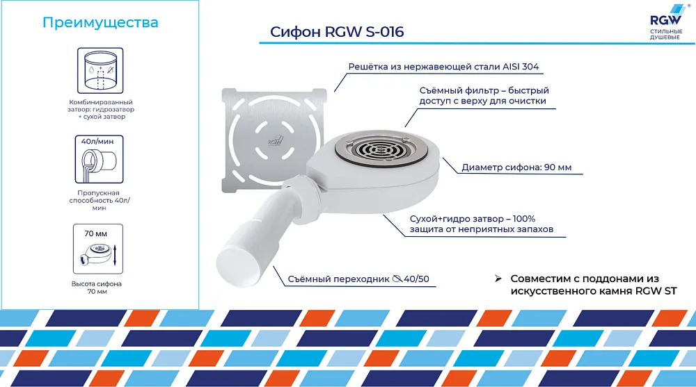 Сифон для поддона RGW S-016 хром Sancos — официальный сайт