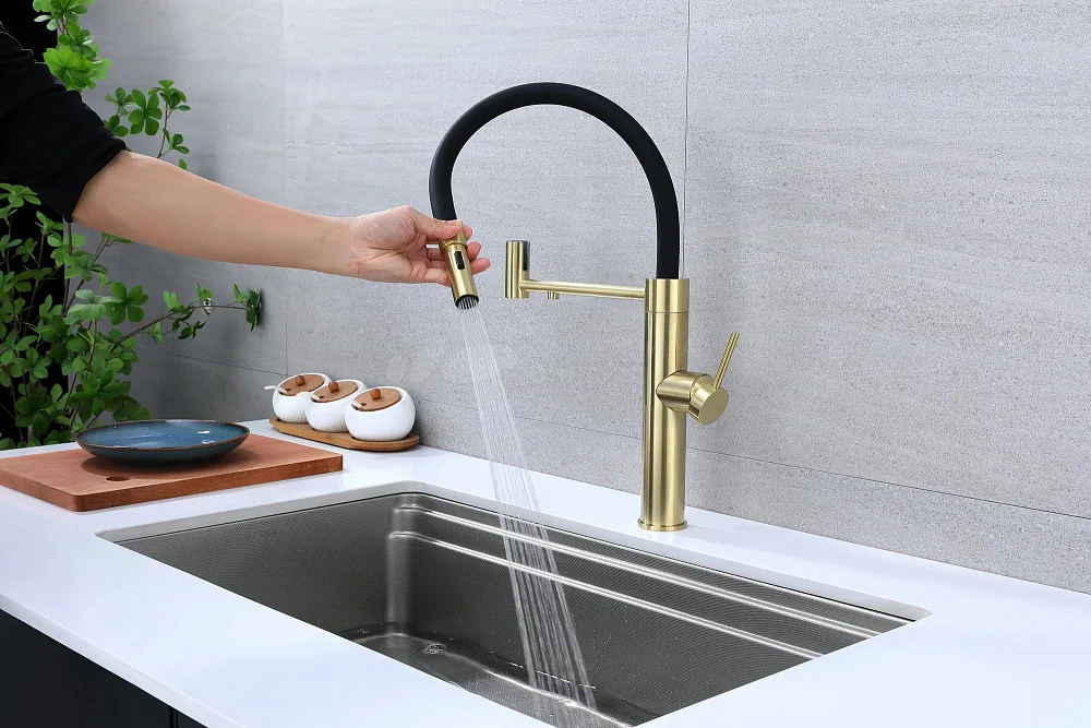 Смеситель для кухни Paulmark Ganymede Ga213199-LG с гибким изливом, светлое золото Sancos — официальный сайт