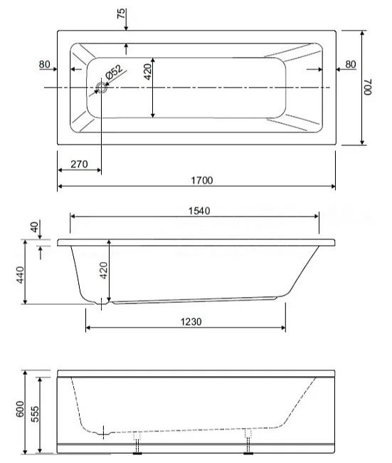 Акриловая ванна Cezares Plane Solo Mini 170-70-42-W37 без опоры 170x70 см, пристенная, белая Sancos — Оригинал