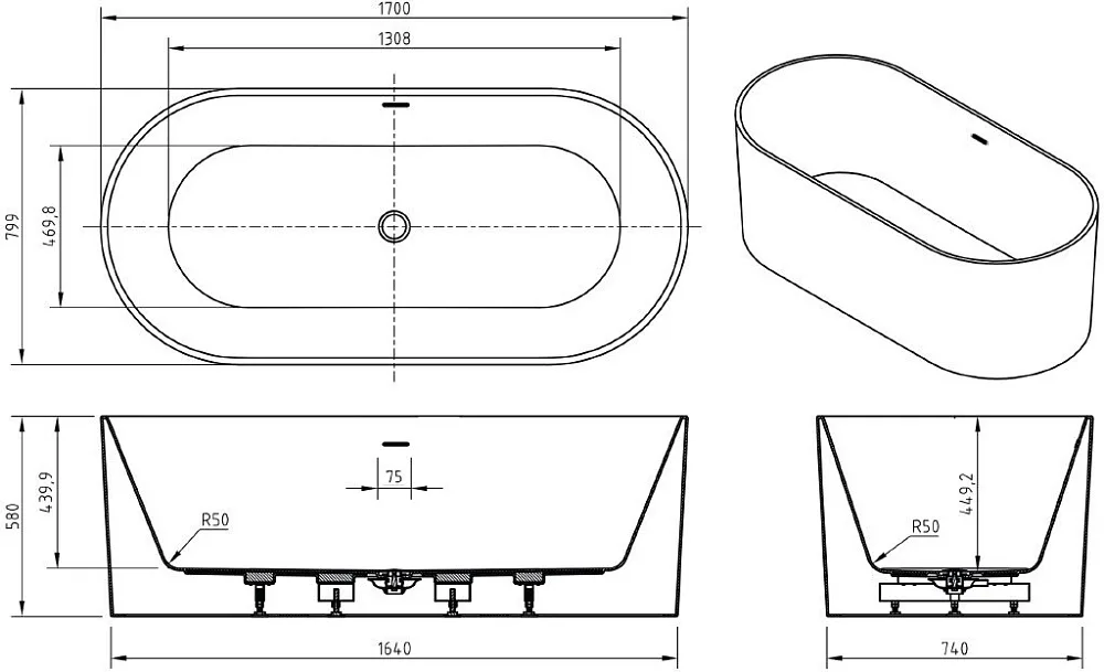 Акриловая ванна BelBagno BB705-1700-800 170x80 см, отдельностоящая, белая, овальная, на ножках Sancos — официальный сайт