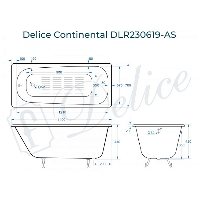 Чугунная ванна Delice Continental 140x70 см, с антискользящим покрытием
