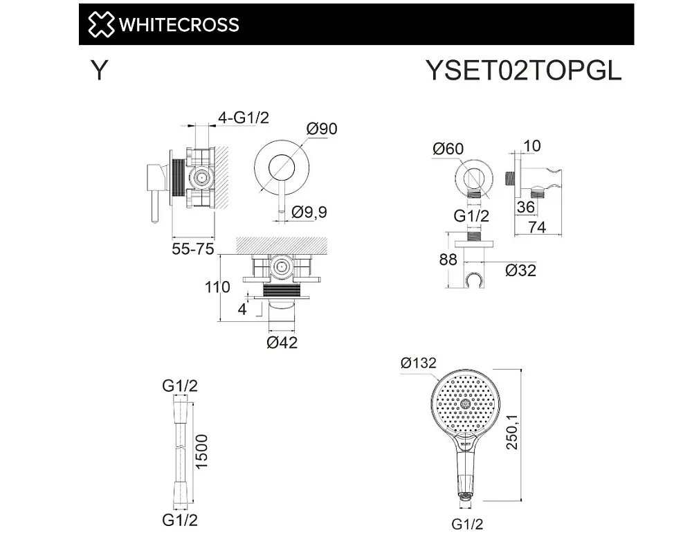 Душевой комплект WHITECROSS Y YSET02TOPGL С ВНУТРЕННЕЙ ЧАСТЬЮ, золото Sancos — официальный сайт