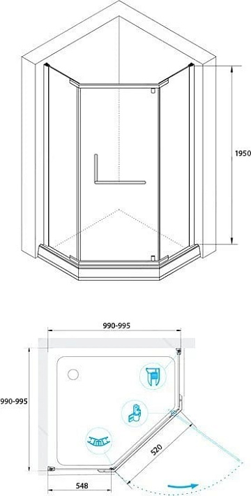 Душевой уголок RGW Hotel HO-081-B 100х100х195 см, профиль черный, стекло прозрачное