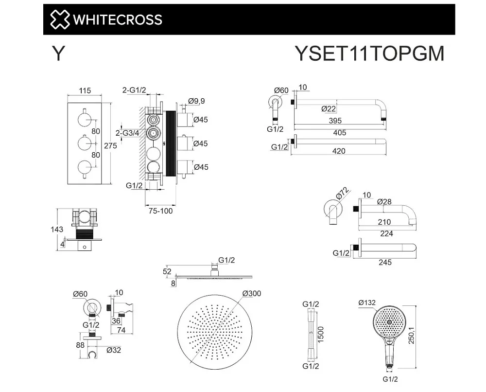 Душевой комплект WHITECROSS Y YSET11TOPGM, С ВНУТРЕННЕЙ ЧАСТЬЮ, оружейная сталь Sancos — официальный сайт