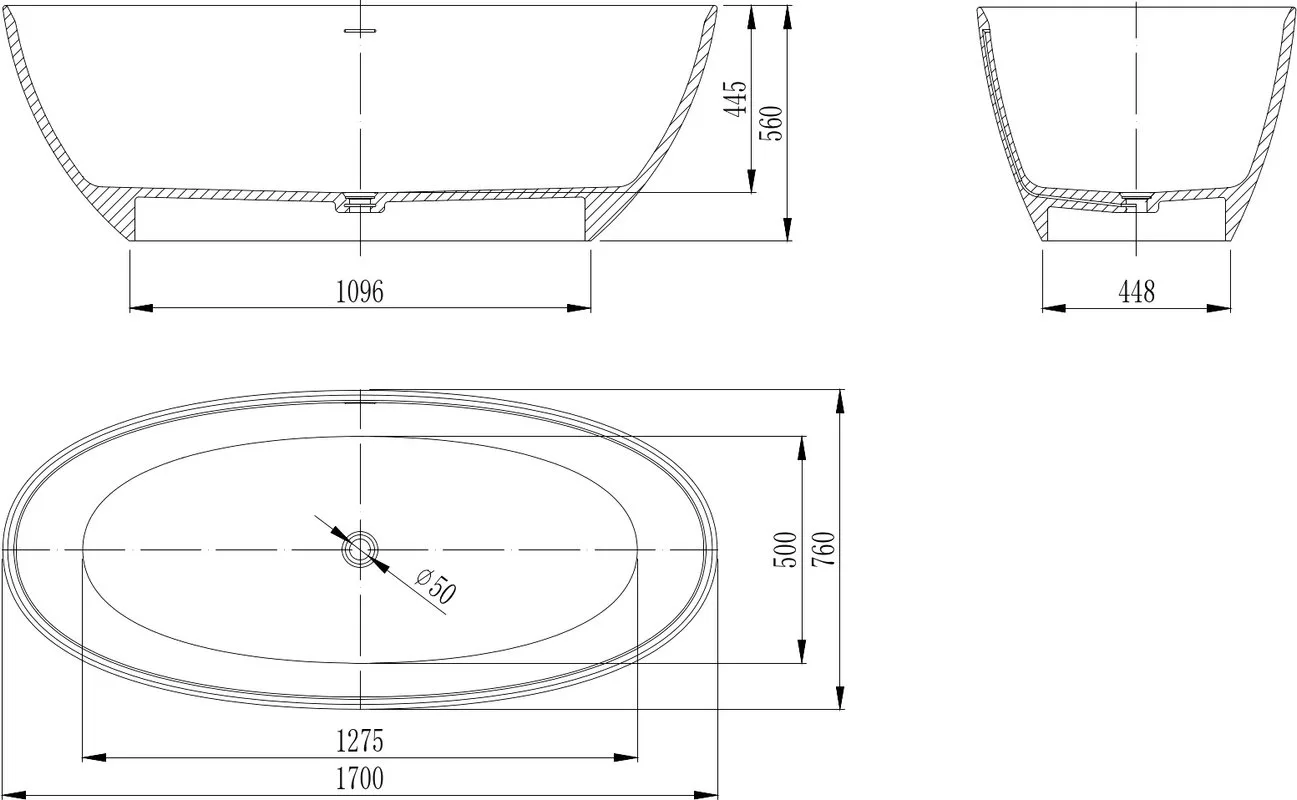 Ванна из искусственного камня Vincea VBT-4S01MW 170x75 см, отдельностоящая, матовая белая, овальная, Sancos — Оригинал