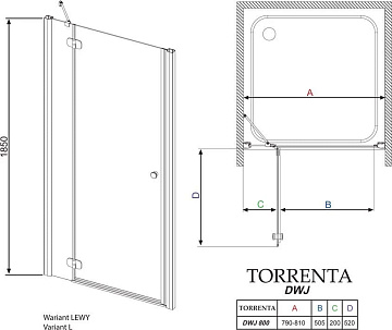 Душевая дверь в нишу Radaway Torrenta DWJ 80 прозрачное стекло L