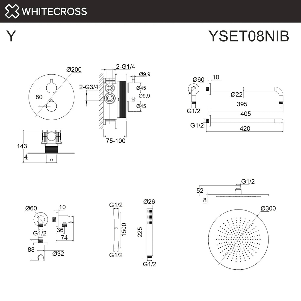 Душевой комплект WHITECROSS Y YSET08NIB, С ВНУТРЕННЕЙ ЧАСТЬЮ, брашированный никель