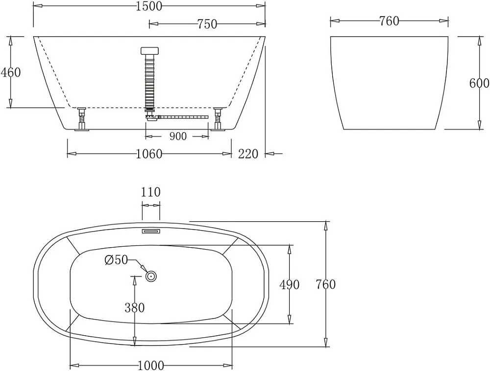 Акриловая ванна BelBagno BB72-1500 150x75 см, отдельностоящая, белая, овальная, с каркасом Sancos — официальный сайт