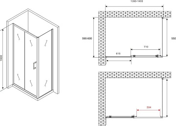 Душевой уголок Abber Schwarzer Diamant AG30140B5-S60B5 140x60, профиль черный, стекло прозрачное