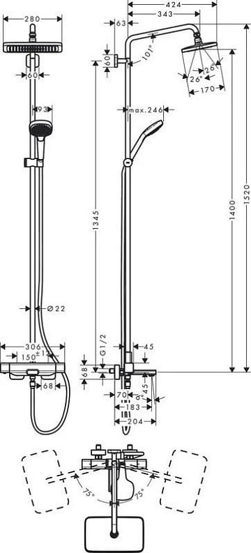 Душевая стойка Hansgrohe Croma 27687000, для ванны с душем, с термостатом