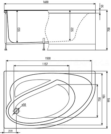 Акриловая ванна Timo Iva 1610 L без опоры 160x100 см, угловая, левая, пристенная, белая