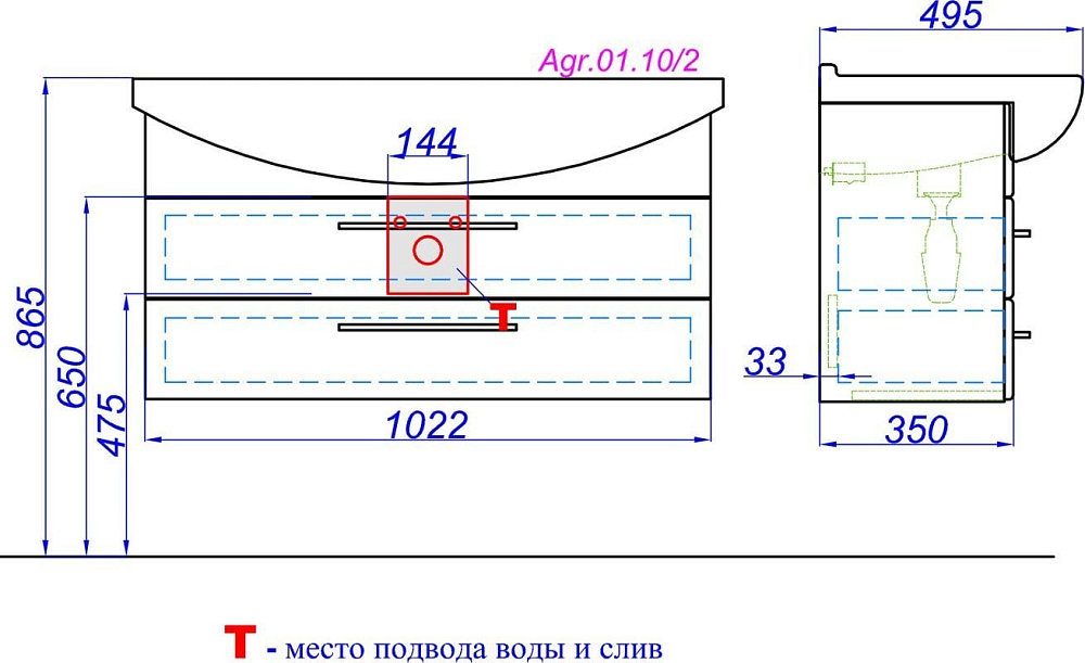 Тумба под раковину без столешницы Aqwella Allegro 105 с 2 ящиками