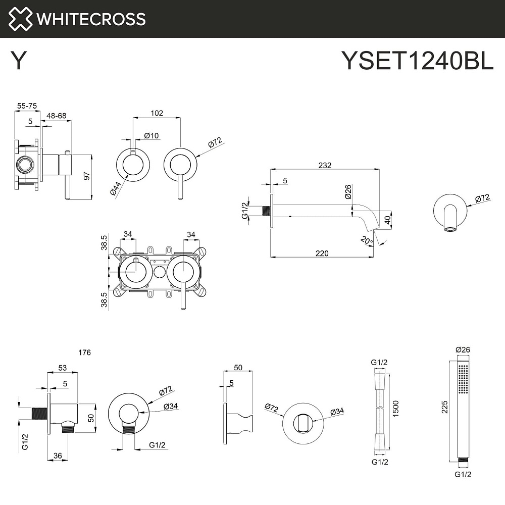 Встраиваемый смеситель для ванны WHITECROSS Y YSET1240BL, С ВНУТРЕННЕЙ ЧАСТЬЮ, черный матовый