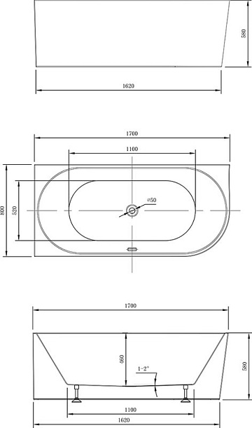 Акриловая ванна Vincea 170x80 см, левая, VBT-402-1700L