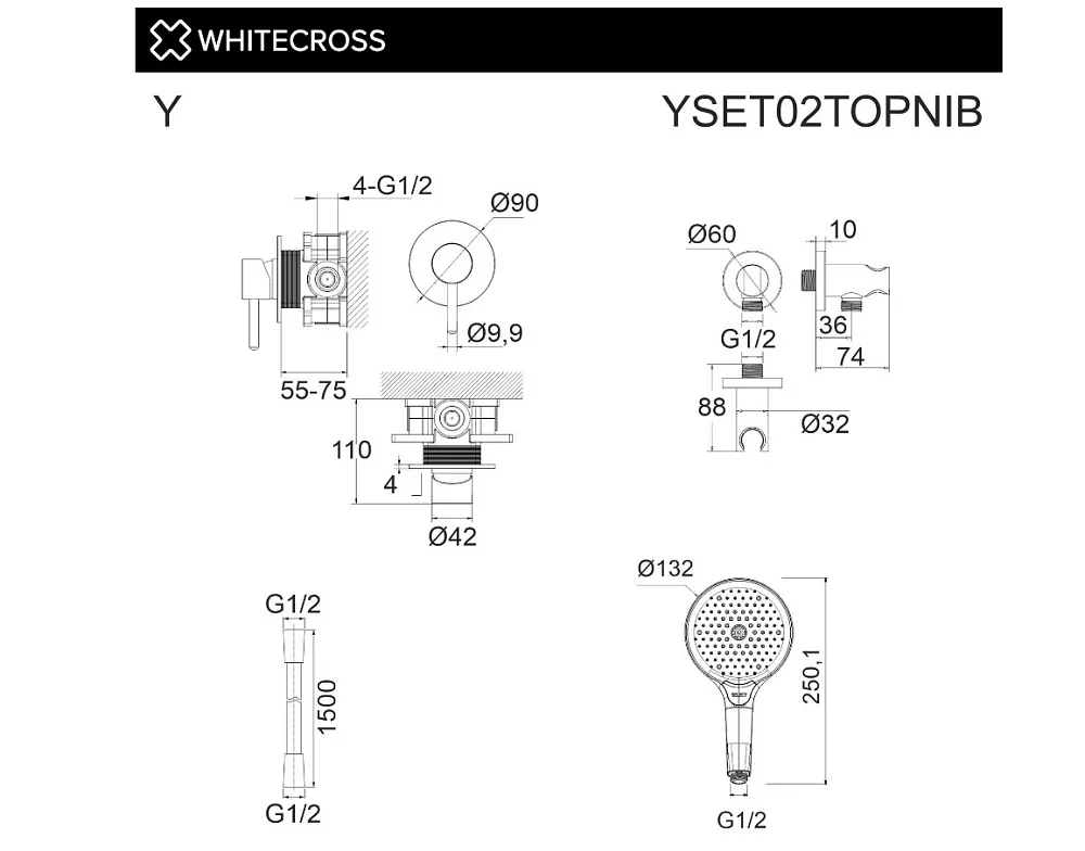 Душевой комплект WHITECROSS Y YSET02TOPNIB С ВНУТРЕННЕЙ ЧАСТЬЮ, брашированный никель Sancos — официальный сайт