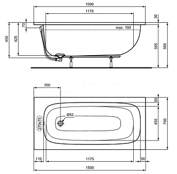 Акриловая ванна Ideal Standard I.life A T475701 без опоры 150x70 см, пристенная, euro white 