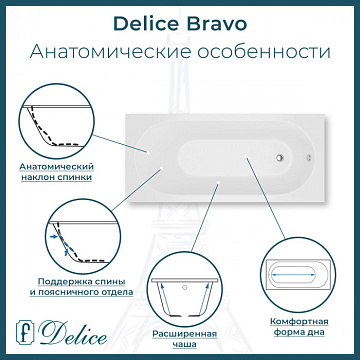 Ванна из литьевого мрамора Delice Bravo 170х70 см, пристенная, с черными ручками