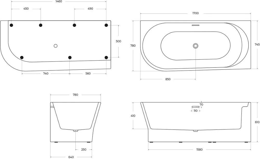 Акриловая ванна BelBagno BB410-1700-780-R без опоры 170x80 см, правая, пристенная, белая, со сливом- Sancos — официальный сайт