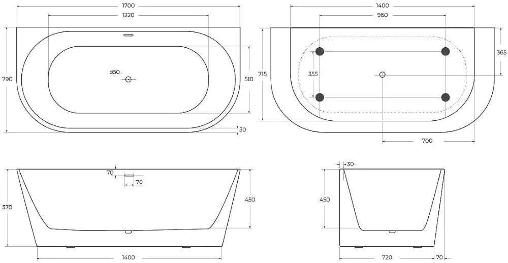 Акриловая ванна BelBagno BB710-1700-800 170x80 см, пристенная, белая, овальная, со сливом-переливом Sancos — официальный сайт