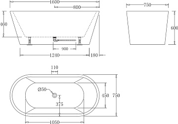Акриловая ванна BelBagno 160x75 см, BB71-1600-W0