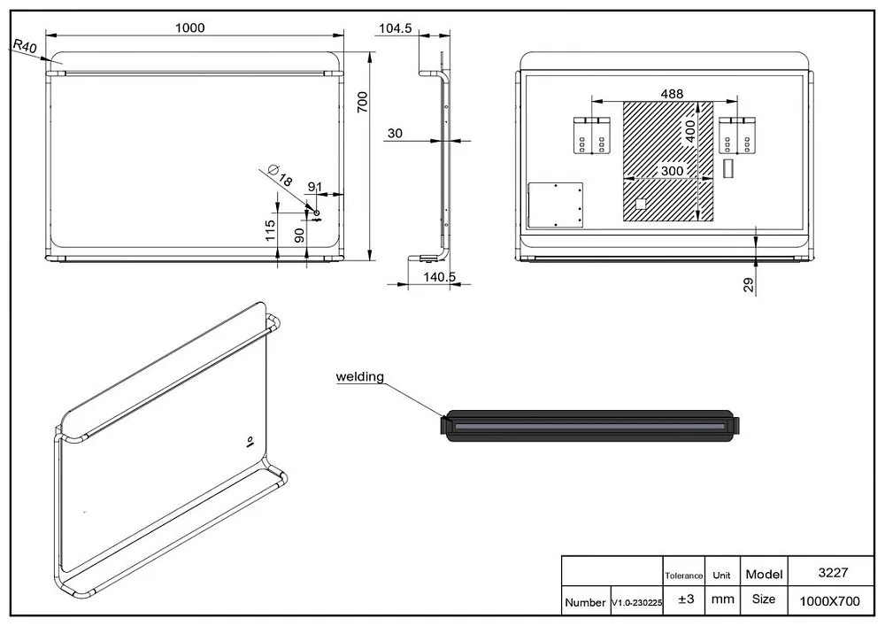Зеркало в ванную с подсветкой Esbano ES-3727K2D 100x70 см для ванной комнаты, с полкой чёрной матово