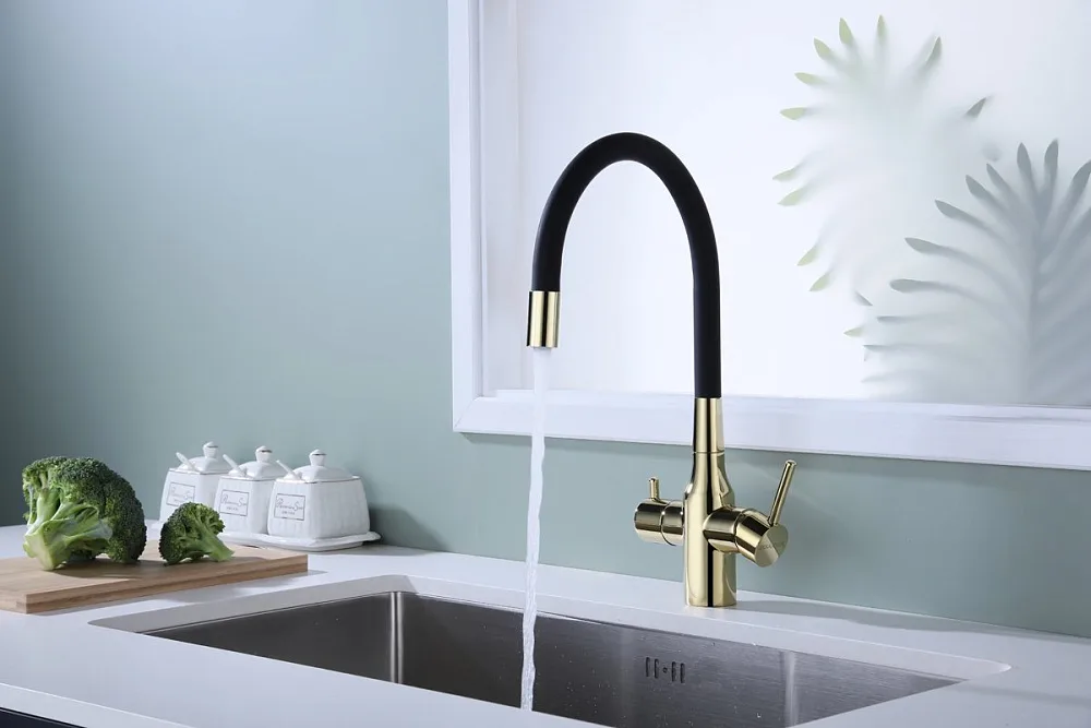 Смеситель для кухни Paulmark Salix 213419-G, золото, черный, с гибким изливом Sancos — официальный сайт