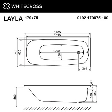 Акриловая ванна WHITECROSS Layla 170x75 см, 0102.170075.100