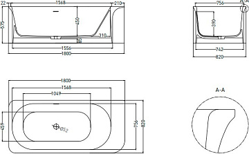 Ванна из искусственного камня Salini Ninfea S-Stone 180x80 см, отдельностоящая, матовая белая, со сл