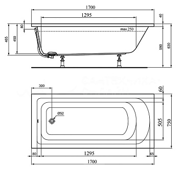 Акриловая ванна Ideal Standard Hotline K274601 без опоры 170x75 см, пристенная, euro white 