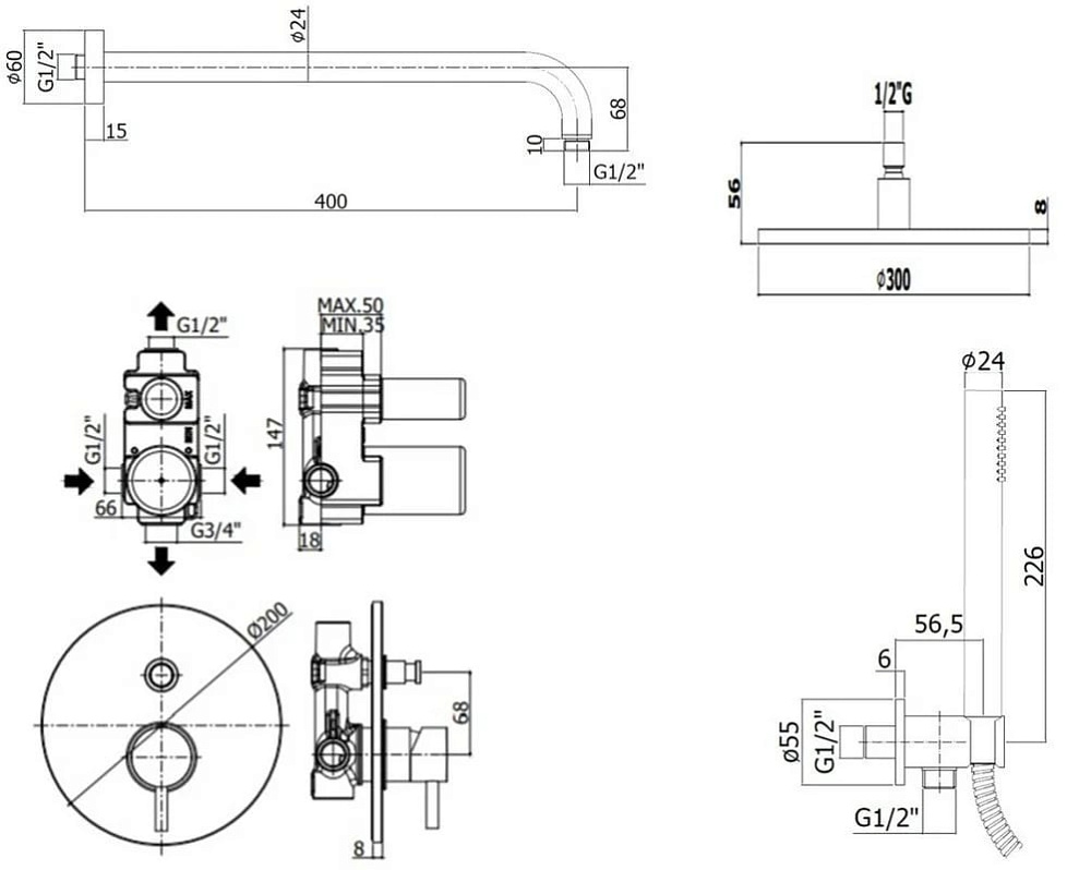 Душевой комплект Paffoni Light KITLIG015NOKING, С ВНУТРЕННЕЙ ЧАСТЬЮ, черный матовый