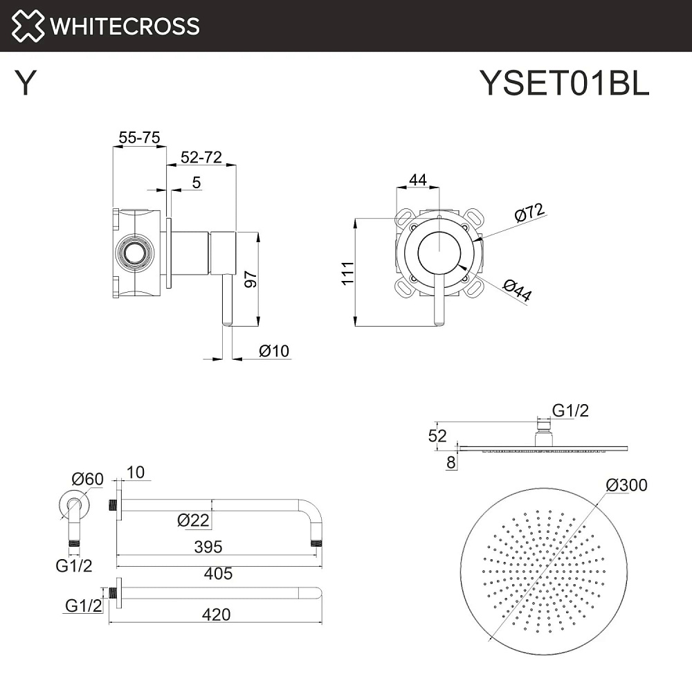 Душевой комплект WHITECROSS Y YSET01BL С ВНУТРЕННЕЙ ЧАСТЬЮ, черный матовый