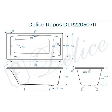 Чугунная ванна Delice Repos 150х70 см, с черными матовыми ручками