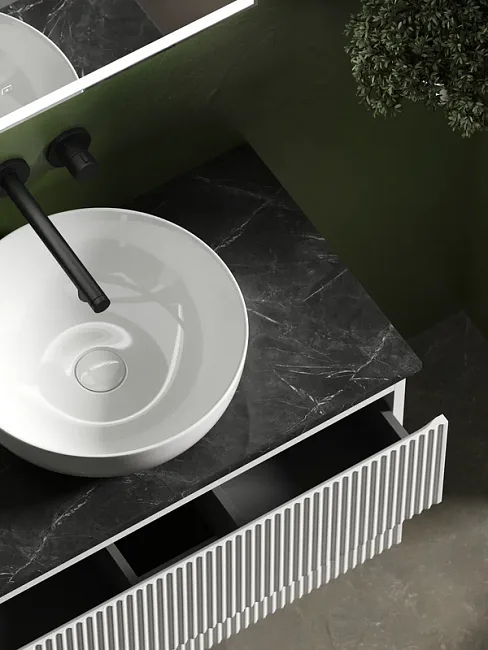 Тумба с раковиной Sancos Snob R 80 см, bianco, столешница черный мрамор, раковина CN5024 Sancos — Оригинал