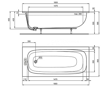 Акриловая ванна Ideal Standard I.life A T476201 без опоры 180x80 см, пристенная, euro white 