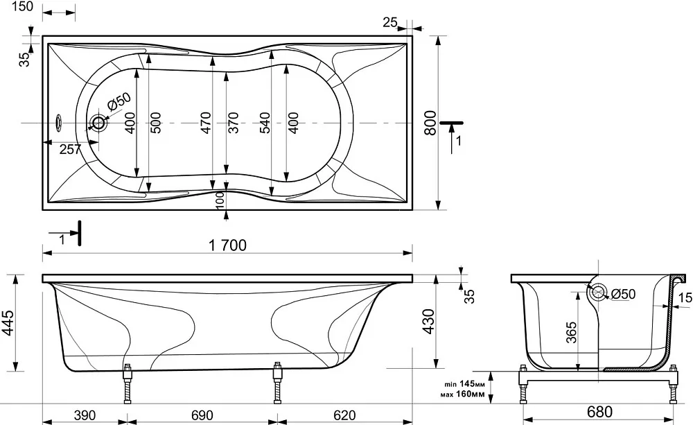 Ванна из искусственного камня Эстет Бета 170x80 см, правая, пристенная, на ножках Sancos — официальный сайт
