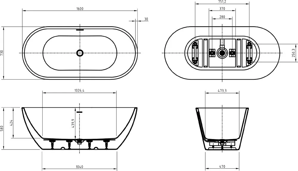 Акриловая ванна BelBagno Uno BB701 160x75 см, отдельностоящая, белая, овальная, на ножках, со сливом Sancos — официальный сайт