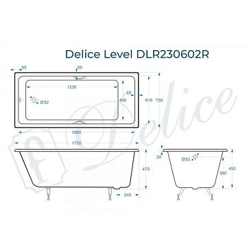 Чугунная ванна Delice Level 170х75 см, с отверстиями для ручек