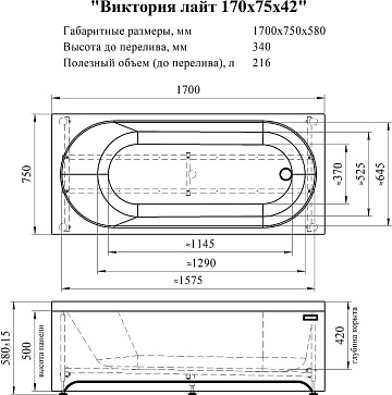 Акриловая ванна Radomir Галатея 170x75 см, 2-01-0-0-5-259Р